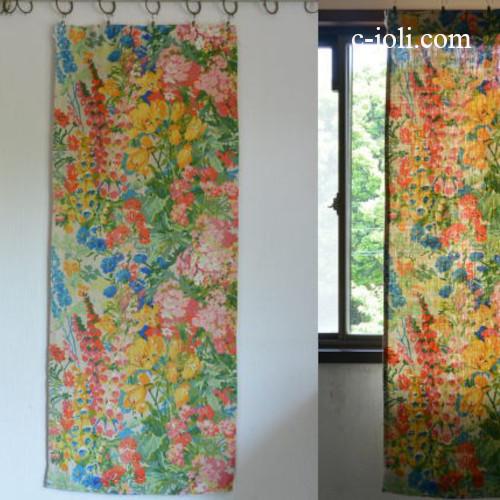 仏アンティーク】フランスアンティークリネンカーテン 花柄リネン 1m45