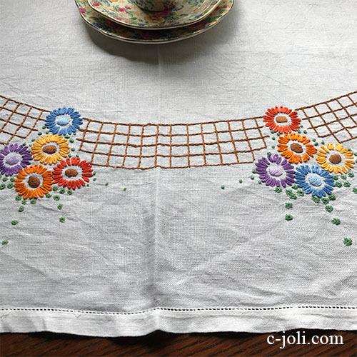 英国アンティーク】手刺繍リネンテーブルクロス 106x105cm YM003