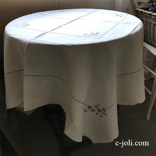 英国アンティーク】手刺繍リネンテーブルクロス 108x108cm YM009