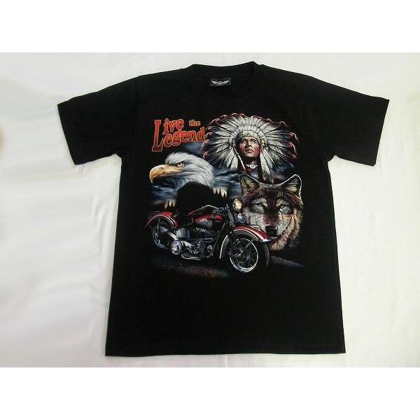 インディアン 鷲 狼 両面プリント 半袖Tシャツ 黒 : シリコンホース