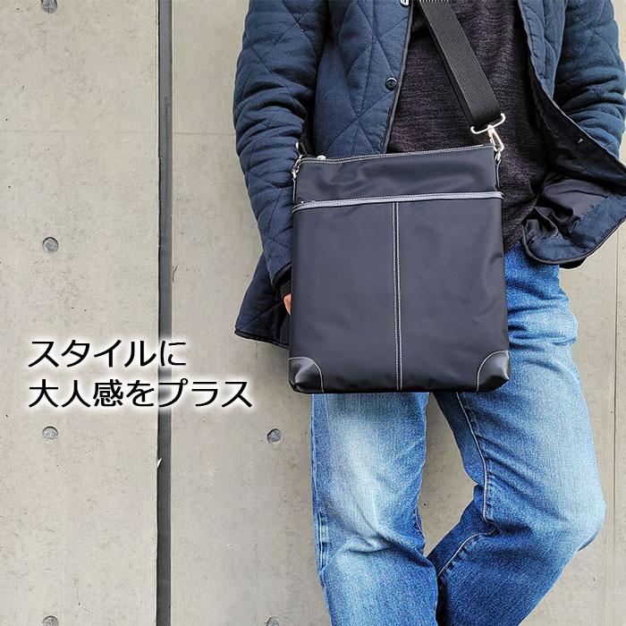 ショルダーバッグ カジュアル 日本製 豊岡製鞄 メンズ A4ファイル 高密度ナイロン 薄マチ 軽量 旅行 黒 平野鞄 +[栃木レザー] キース ...