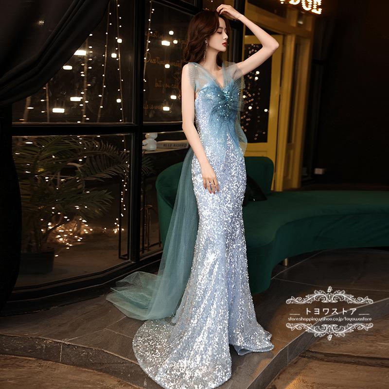 カラードレス ブルー パーティードレス 演奏会 マーメイドライン 結婚  