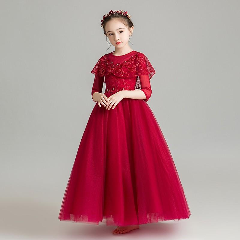 子供ドレス 赤 ピアノ発表会 ロング 結婚式 ワンピース 袖あり  