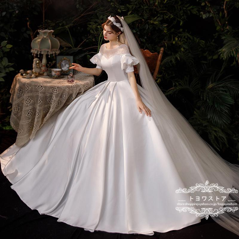 ウェディングドレス Aライン シフォン ドレセル 5号 7号 背中V型 袖