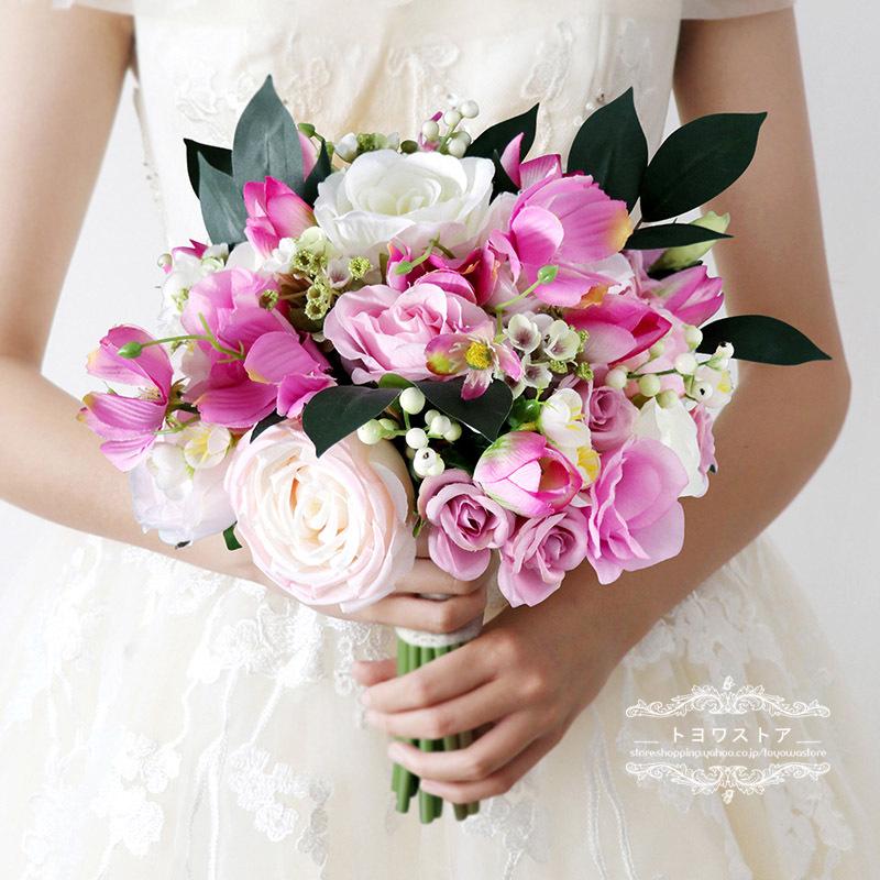 ウェディングブーケ 結婚式 ブーケ 花嫁 披露宴 送料無料 前撮り 母の日 ピンク 造花 ブライダルブーケ 手作り 全品最安値に挑戦