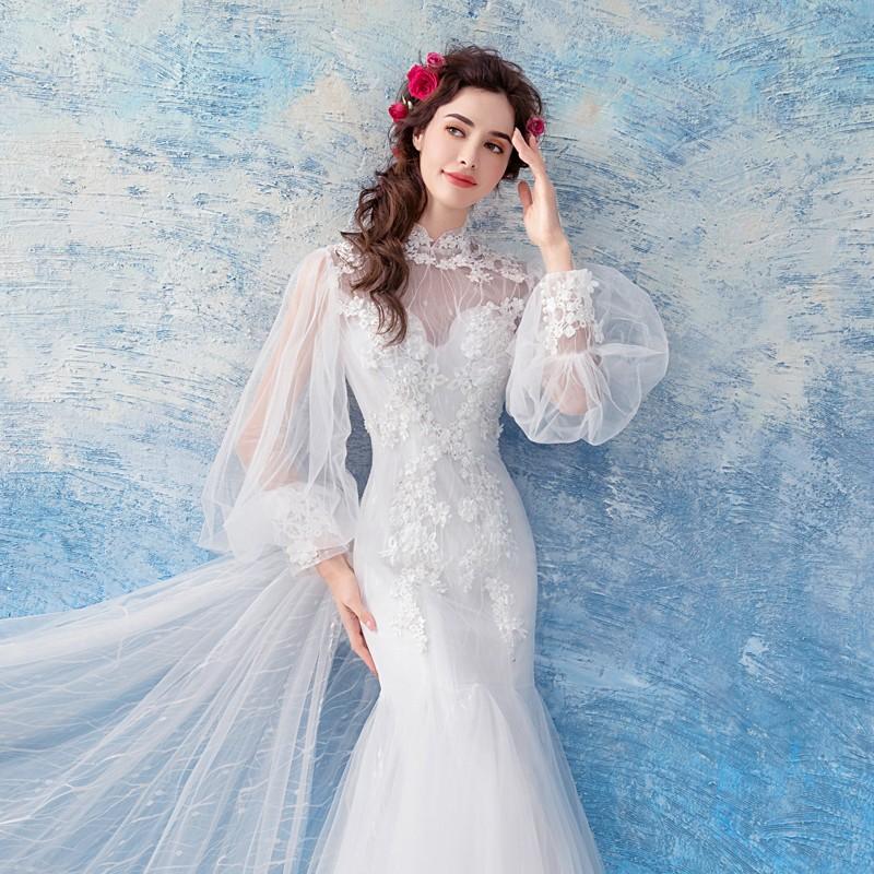 ウェディングドレス 結婚式 マーメイドライン 白 袖あり 安い 大きい