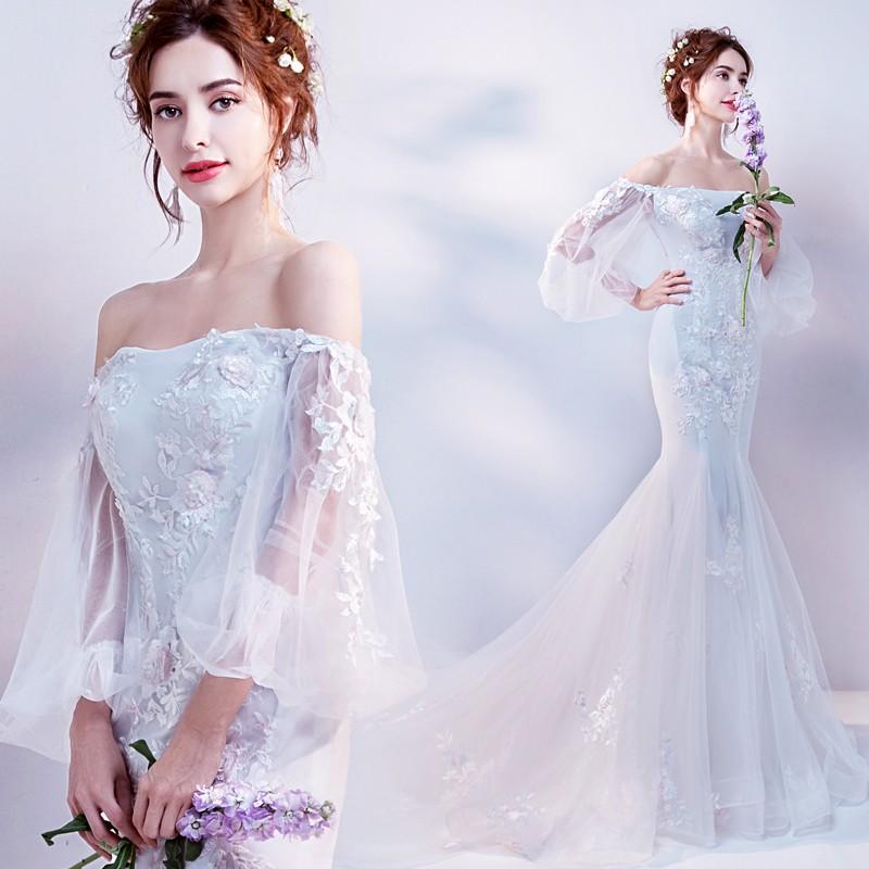 ウェディングドレス 袖あり 白 結婚式 マーメイドライン 安い 大きいサイズ パーティー 二次会 花嫁 ロングドレス 披露宴 ブライダル