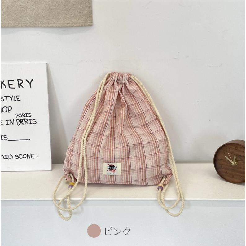 巾着バッグ チェック柄 ナップサック 帆布 大容量 メンズ レディース