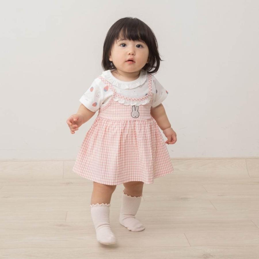 miffy ミッフィー キャミソール付き半袖ロンパース 総柄メッシュ サッカー ピンク×70cm  ベビーザらス限定