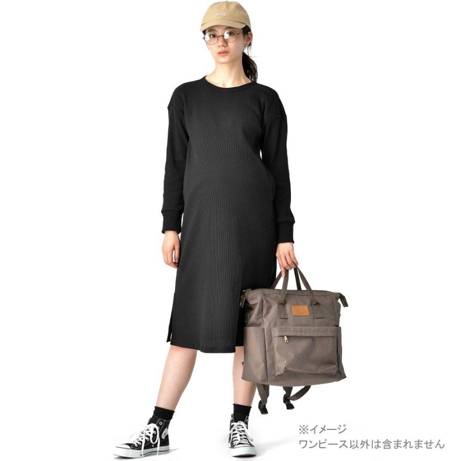 Ain 長袖ワッフルミディ丈ｉラインワンピース 無地 ブラック M Sttind Ac Id