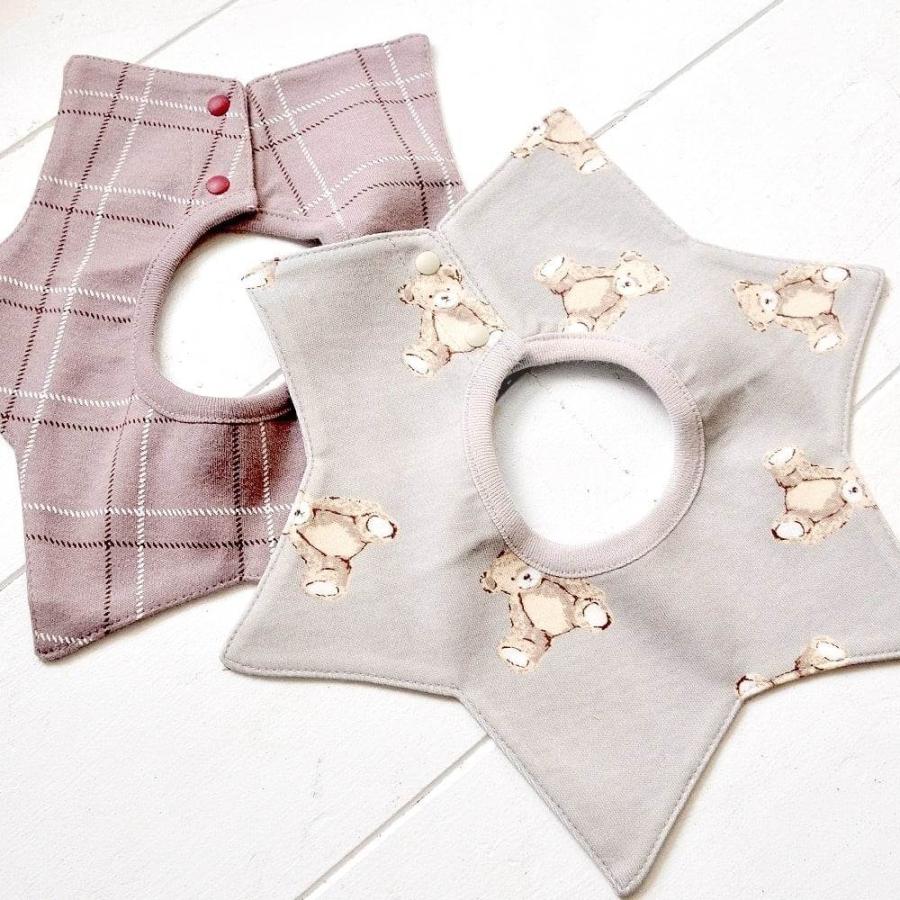 送料無料！ブルーの小さな星×ブルーのクマ柄 襟付きスタイ