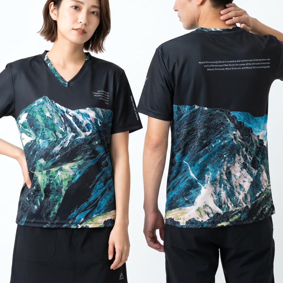 白馬岳 登山 山 アウトドア スポーツ Vネック 半袖Tシャツ 日本製 吸水速乾 ストレッチ 総柄 ブラック 黒 グリーン 緑 ...