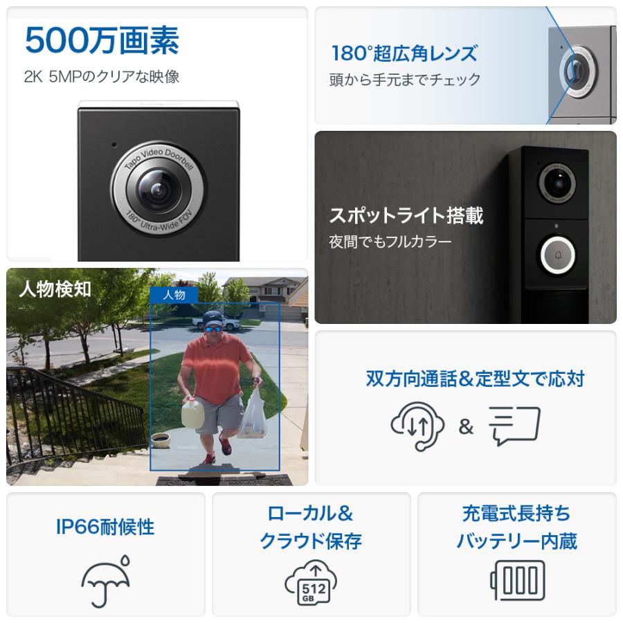 【レビュー特典】インターホン 500万画素 5MP高画質 WiFi無線対応 カメラ付き 工事不要 Tapo D235  AI検知通知 IP65 双方向通話 充電式  簡単設定 アプリ管理 | TP-Link | 02