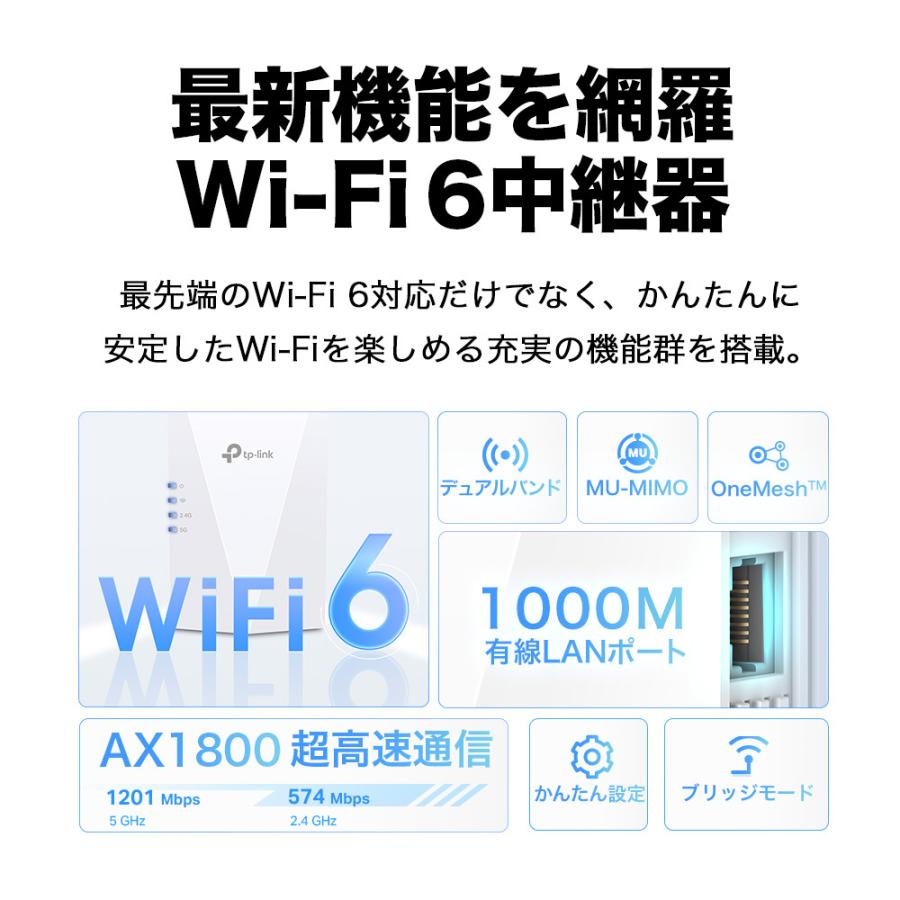 【迷ったらこれ】WiFi6 (11AX) 無線LAN中継器 1201Mbps+574Mbps AX1800 メッシュWiFi 中継器 OneMesh対応 3年保証RE600X/A｜tplink｜05