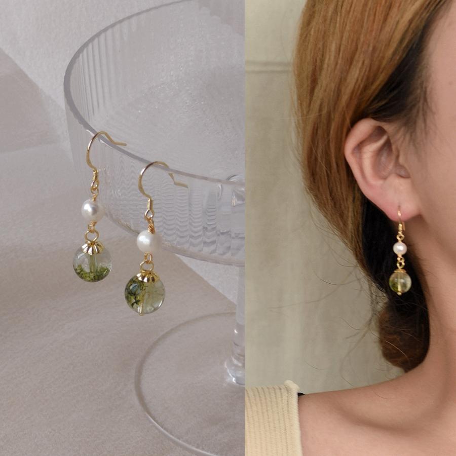 ピアス 18金 パール レデイーズ アレルギー対応 淡水パール 天然石 誕生石 グリーン ガーデン クォーツ 揺れる プレゼント 仕事 | 