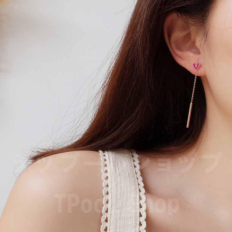 ピアス レディース 18K 金属アレルギー対応 シルバー925 ハート ピンクゴールド 揺れる ロング チェーン 仕事 プレゼント |  | 02