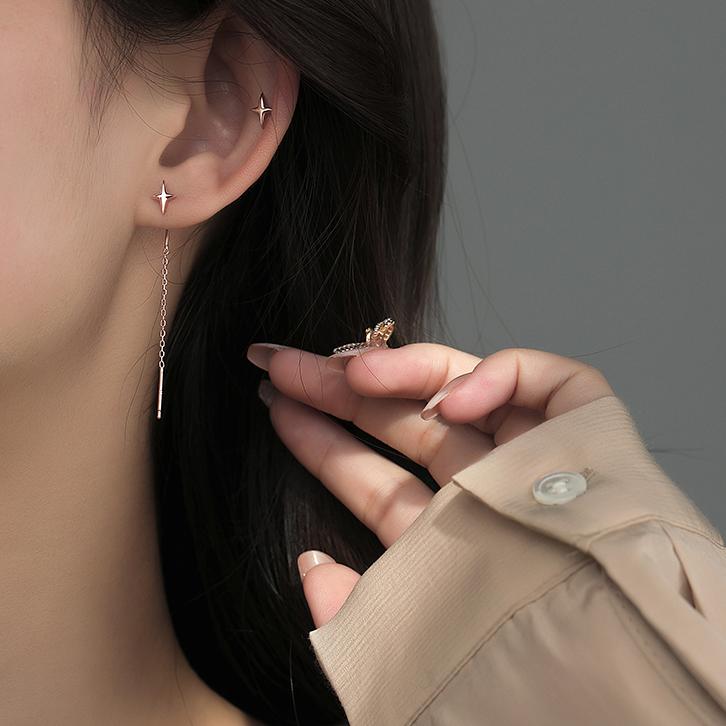 ピアス レディース 18K 金属アレルギー対応 フック チェーン 揺れる 星 スター ロング シルバー925 ピンクゴールド 仕事 プレゼント オフィス |  | 10