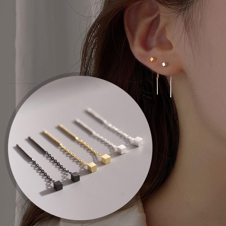 ピアス レディース18K アレルギー対応 小さめ 揺れる シルバー925 ゴールド ブラック スクエア 正方形 アメリカンピアス チェーン 仕事 プレゼント | 