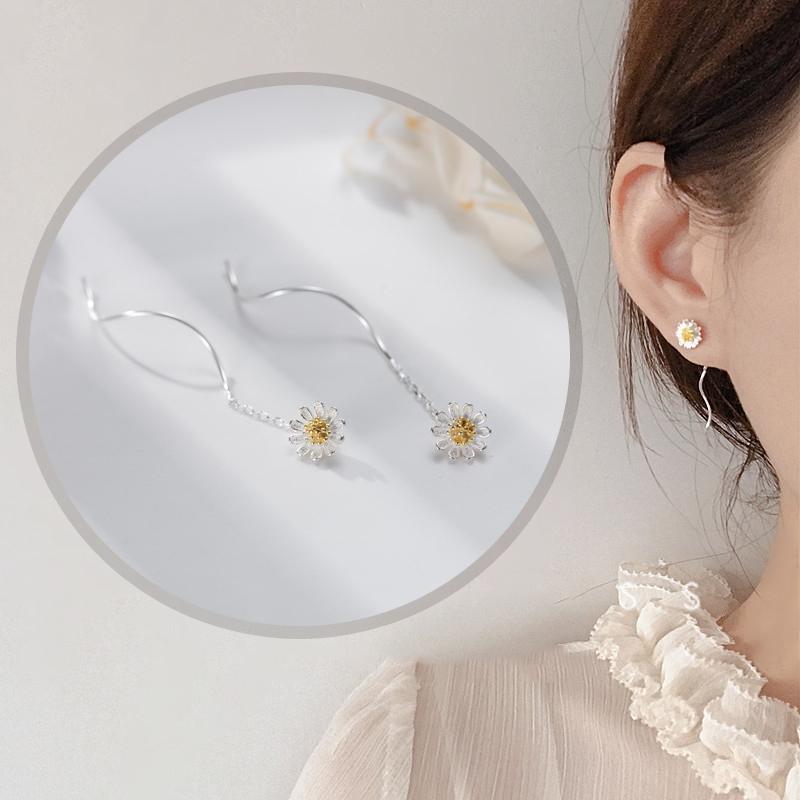 ピアス レディース 金属アレルギー対応 18K ゴールド シルバー925 フラワー 菊 チェーン 揺れる アメリカンピアス 仕事 プレゼント | 