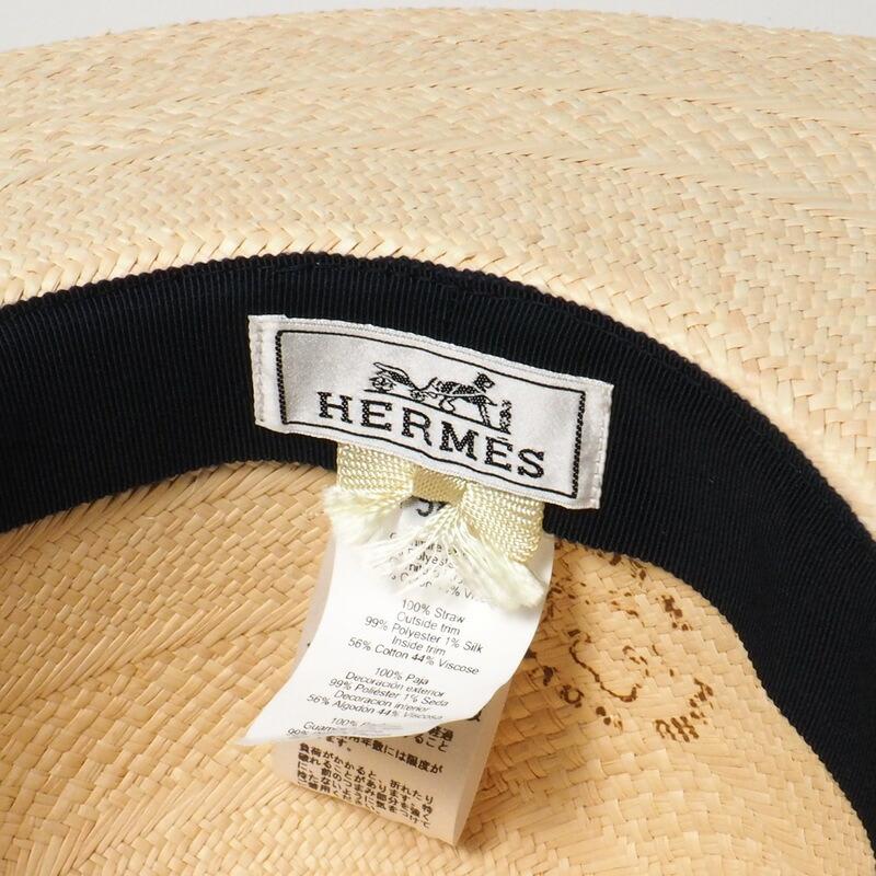 美品 HERMES エルメス ANOUK アヌーク ハット サイズ58 麦わら帽子 Hロゴ チェック柄_6