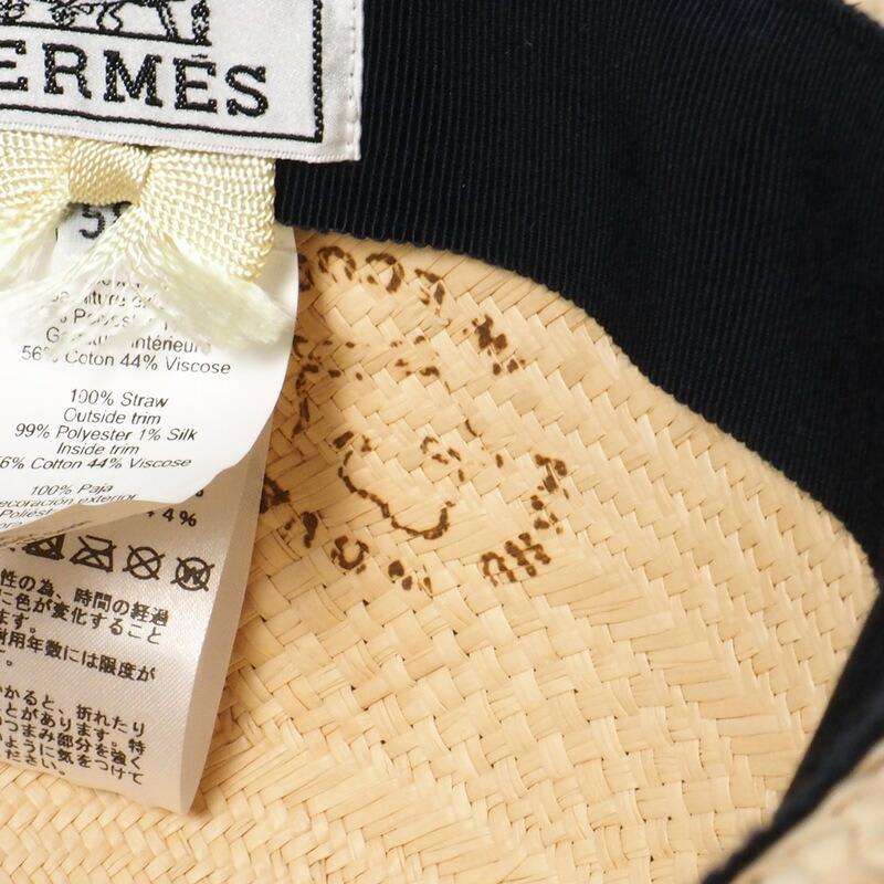 美品 HERMES エルメス ANOUK アヌーク ハット サイズ58 麦わら帽子 Hロゴ チェック柄_7