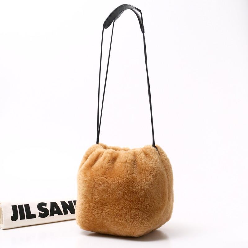 美品 JIL SANDER ジルサンダー ドローストリング バッグ ショルダーバッグ ファーバッグ 巾着バッグ 鞄 ムートン レザー