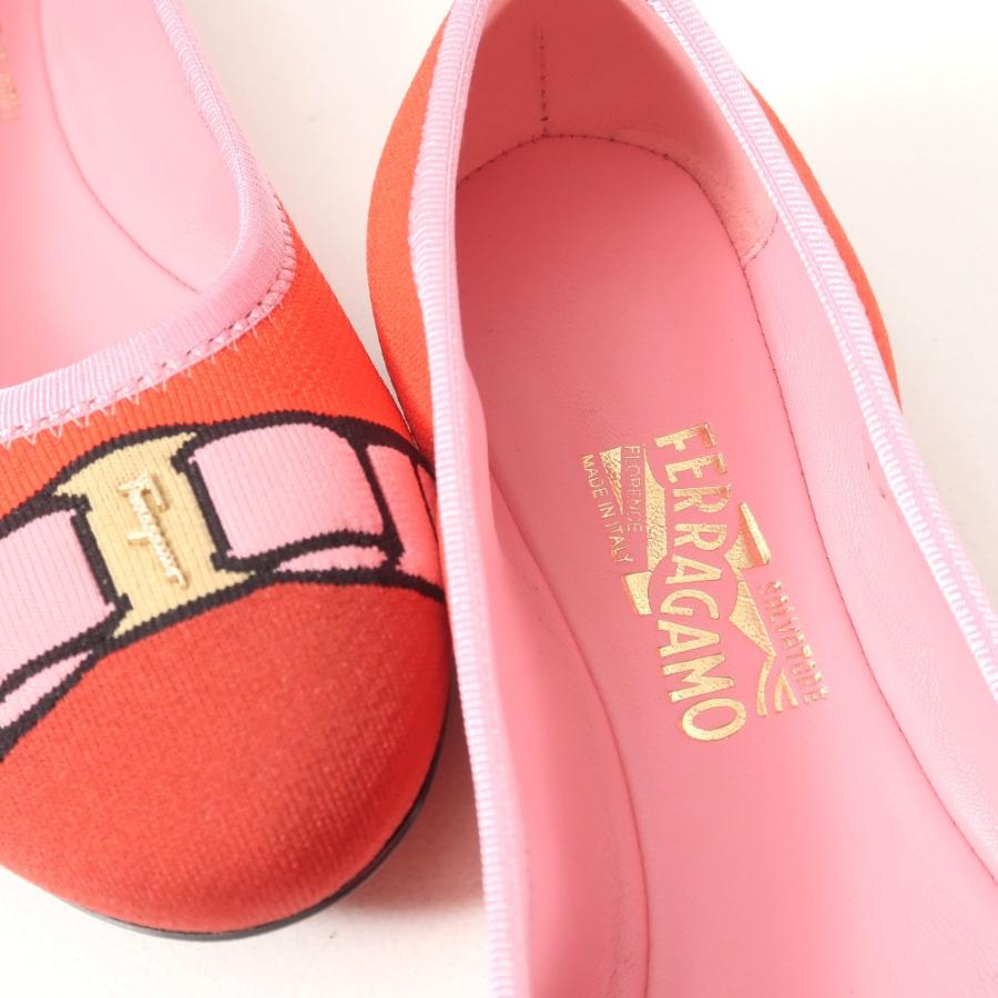 美品 Salvatore Ferragamo サルヴァトーレフェラガモ VARINA KNI 1.0cm パンプス サイズ8 1/2 B ヴァラリボン フラットシューズ ニット レザー_5