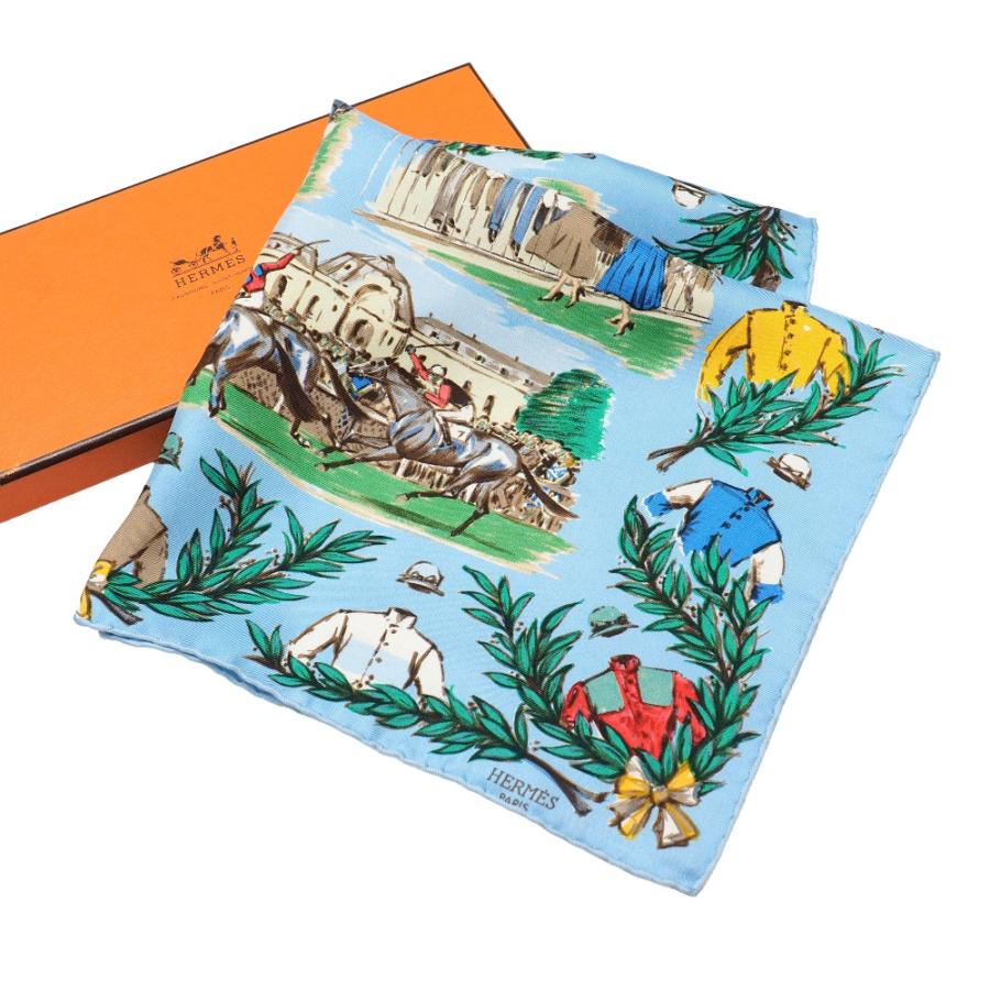 エルメス カレ45 CHANTILLY 競馬場 スカーフ シルク ブルー HERMES（エルメス） 美品 CHANTILLY シャンティ競馬場 カレ45 スカーフ