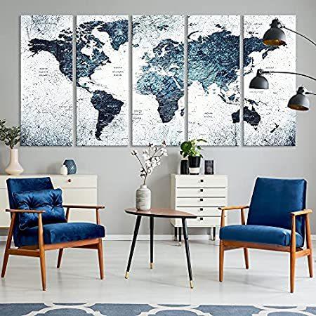 特別価格Blue World Map Wall Art, Split Panel Large Map of World Canvas Art Print fo好評販売中