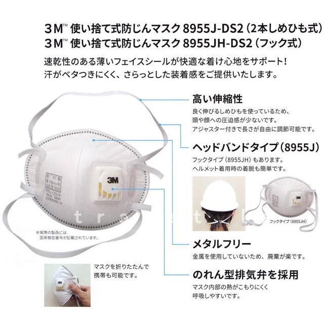 3M マスク 8955JH-DS2 フック式 (10枚入) 排気弁付 使い捨て式 3M マスク 8955JH-DS2 フック式 (10枚入) 排気弁付 使い捨て式