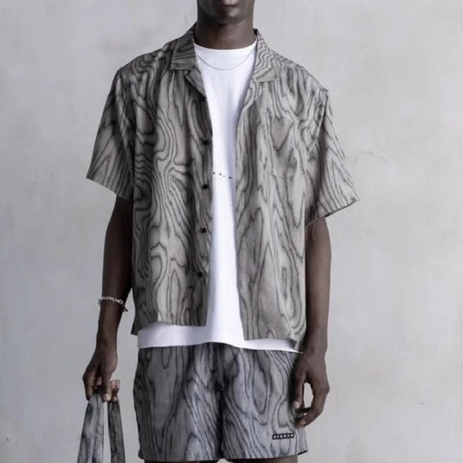 STAMPD スタンプド Soundproof Print Camp Collar SLA-M3837BD メンズ シャツ 半袖 灰色 グレー テンセル 総柄プリント オールオーバープリント 父の日の画像