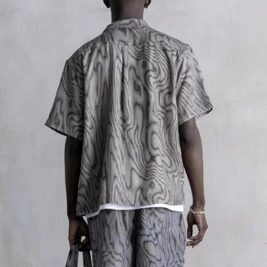 STAMPD スタンプド Soundproof Print Camp Collar SLA-M3837BD メンズ シャツ 半袖 灰色 グレー テンセル 総柄プリント オールオーバープリント 父の日の画像