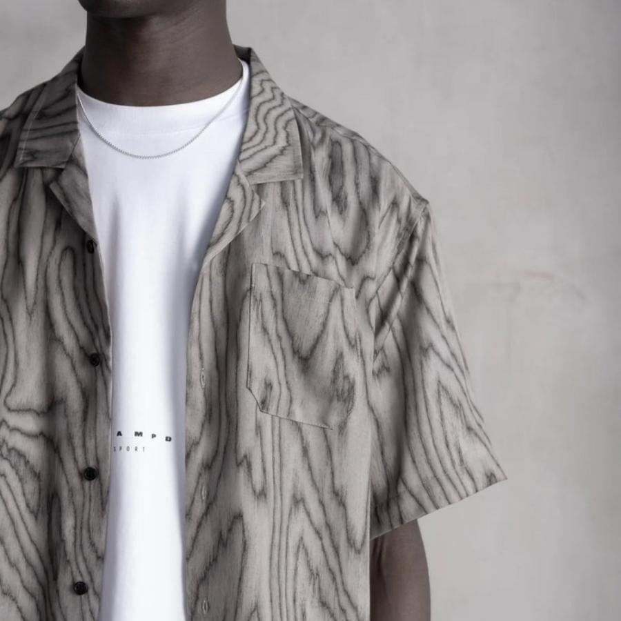 STAMPD スタンプド Soundproof Print Camp Collar SLA-M3837BD メンズ シャツ 半袖 灰色 グレー テンセル 総柄プリント オールオーバープリント 父の日の画像