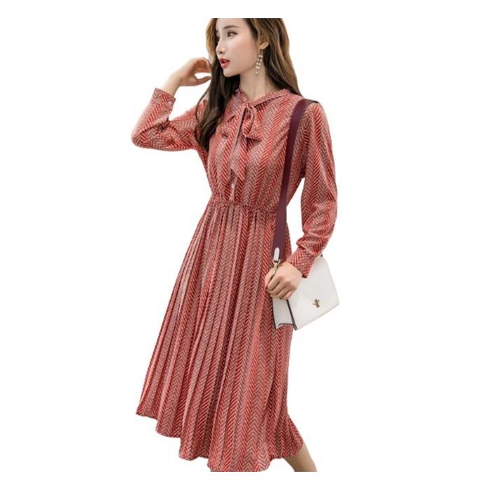 レディース ワンピース 長袖 ミモレ丈 ロング丈 ワンピース シフォン ストライプ柄 プリーツスカート 大きいサイズ カジュアル 体型カバー Xyd5705 トランジット トレード 通販 Yahoo ショッピング