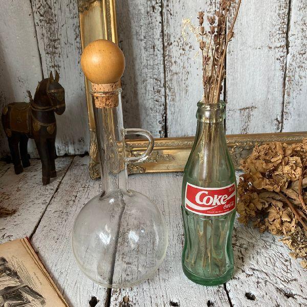 VINTAGE ≫ヴィンテージ*古い木とコルク栓のフラスコ型ガラス デカンタ
