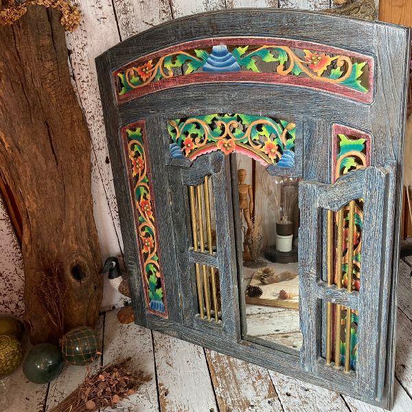 ≫無垢材 透かし彫り ウッド フレーム ドア ミラー*扉付き 鏡*木彫り