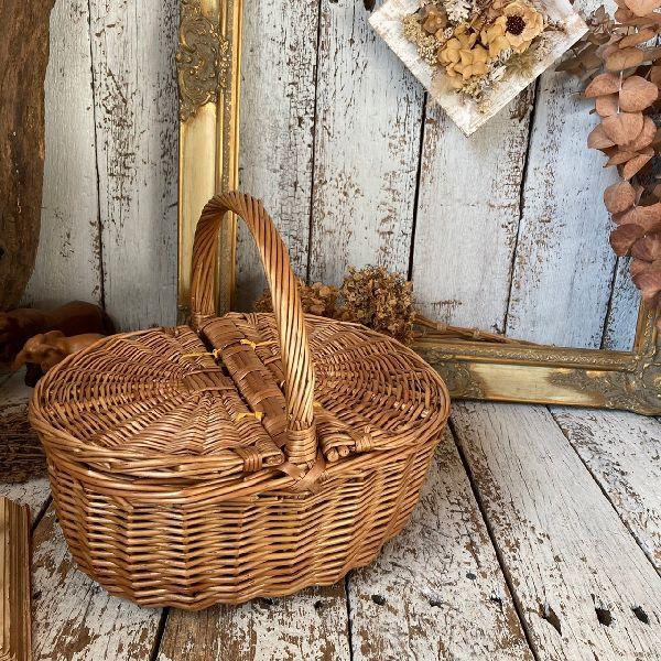 古道具　煎茶籠　籘かご　ピクニックバスケット ナチュラル　ヴィンテージ ヴィンテージ かご ピクニックバスケットバック
