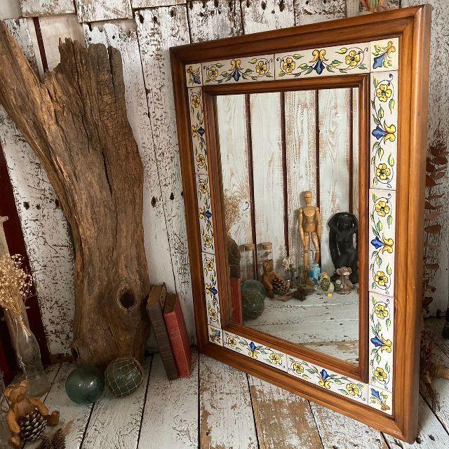 ヴィンテージパイン 無垢材スペインタイル張り ウォールミラー大型壁掛け鏡