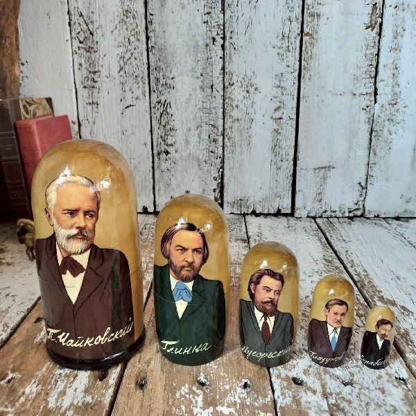 ロシア ヴィンテージ 作曲家 肖像画 木製 マトリョーシカ 人形 5P