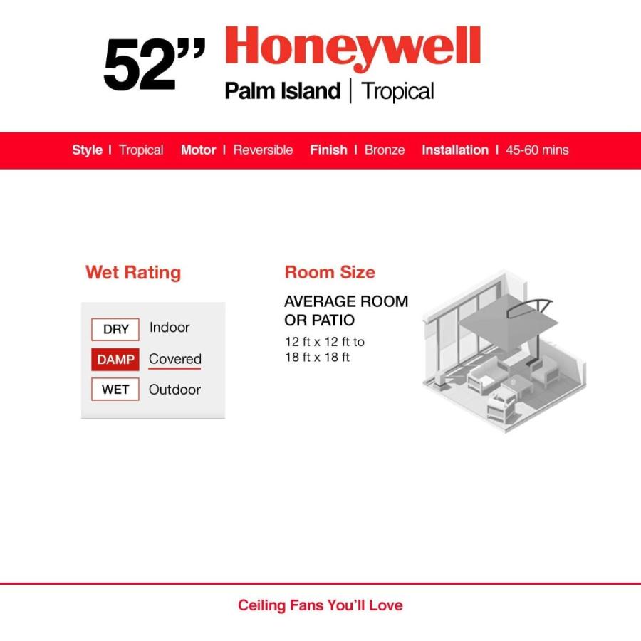 使い勝手の良い Honeywell Bla Leaf Palm Five Fan, Ceiling Tropical 52-Inch Island Palm その他道具、工具