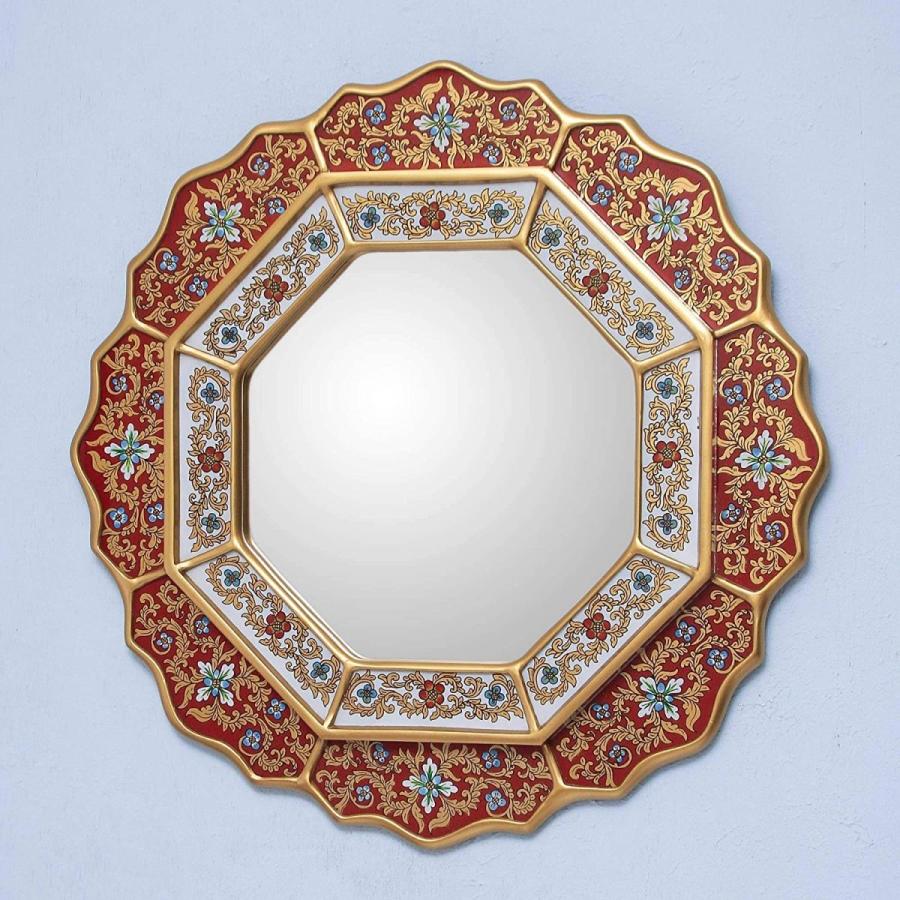 高品質の人気 NOVICA Reverse Painted Wood and Glass Wall Mounted Mirror, Red, Red St オブジェ、置き物