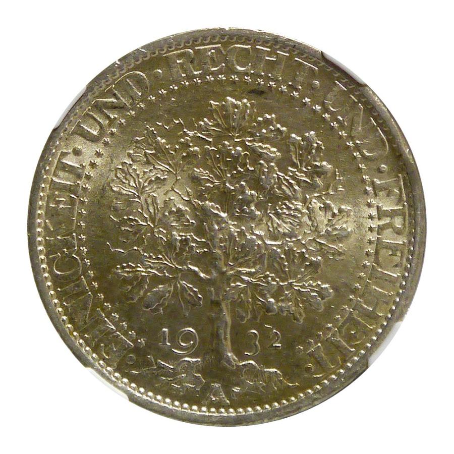 1932A ドイツ ワイマール 樫の木 5マルク銀貨 NGC鑑定 MS65