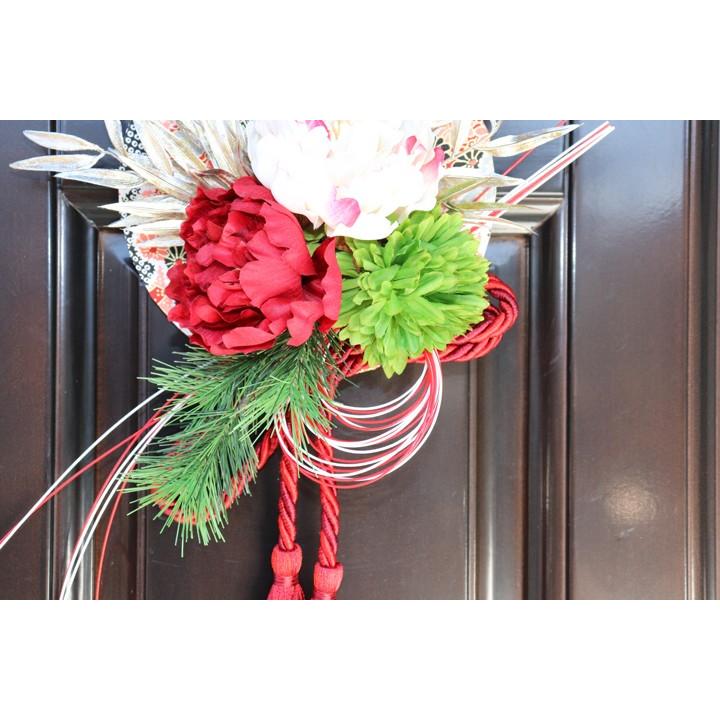 正月飾り 紅白牡丹と菊の壁飾り しめ縄 飾り 水引 タッセル 35cm