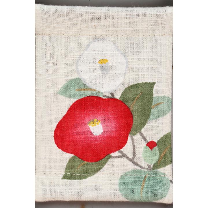 ミニ木枠タペストリー 『 つばき』 京都 洛柿庵 麻 12×16cm ツバキ