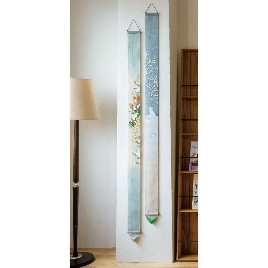 洛柿庵　細タペストリー「オコジョ」新品未使用品 細タペストリー 『 オコジョ 』 京都 洛柿庵 麻 10×170cm 冬 雪 動物