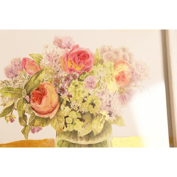 額付 ゴールドペイント フラワー 花 22×17cm 花びん 花瓶 ブーケ