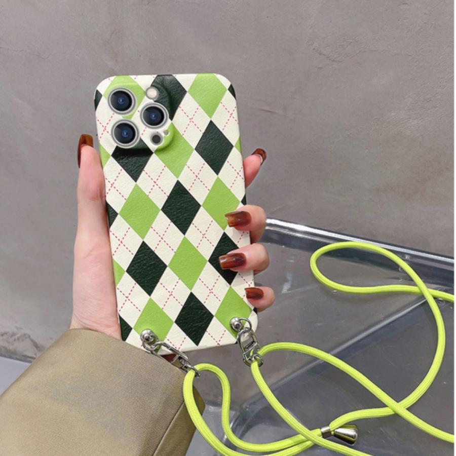 スマホショルダー iPhoneケース アイフォンケース  iPhone13 13pro 13promax アーガイルチェック柄 ストラップ付 個性的 韓国 かわいい ライムグリーン オススメ |  | 04