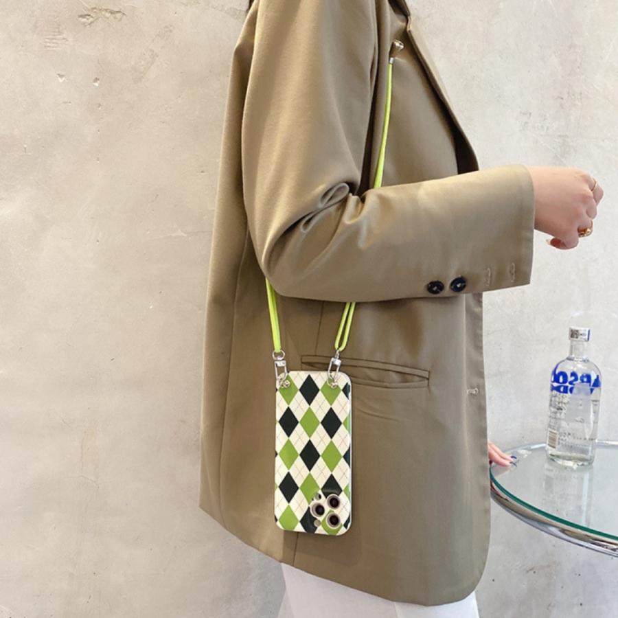 スマホショルダー iPhoneケース アイフォンケース  iPhone13 13pro 13promax アーガイルチェック柄 ストラップ付 個性的 韓国 かわいい ライムグリーン オススメ |  | 07