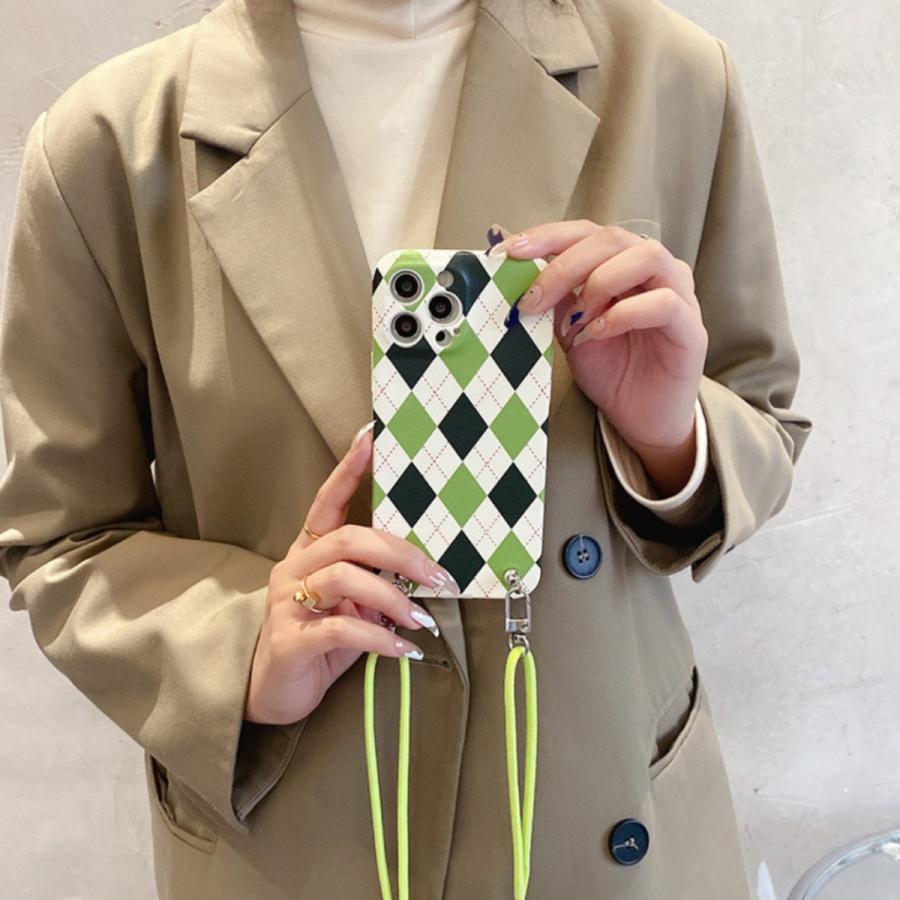 スマホショルダー iPhoneケース アイフォンケース  iPhone13 13pro 13promax アーガイルチェック柄 ストラップ付 個性的 韓国 かわいい ライムグリーン オススメ |  | 08