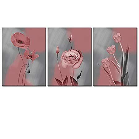 衝撃特価 ギャラリーラップ ピンクとグレーの花柄プリント キャンバス壁アート装飾 Welmeco すぐに掛けられる 並行輸入品 ベ リビングルーム オフィス ホーム モダン レリーフ、アート
